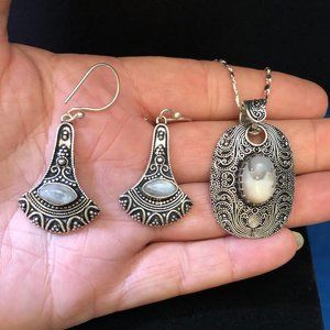 Rainbow Moonstone Gemstone Stamped 925 Stamped Necklace + Earrings